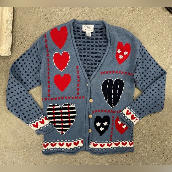 Vintage 1995 SML Sport Hand Knit Hearts ❤️ Button Up Cardigan Sweater size Small - Picture 8 of 10